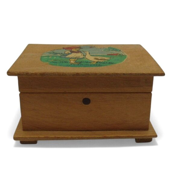 Wooden MONEY Bank Box Girl And Goose Print Eastern Germany Vintage 4" - Picture 1 of 10